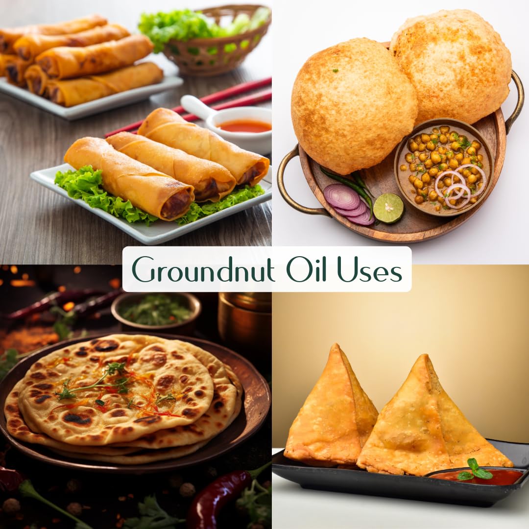 Groundnut oil used for cooking Indian snacks - spring rolls, puri, naan, and samosas fried in peanut oil