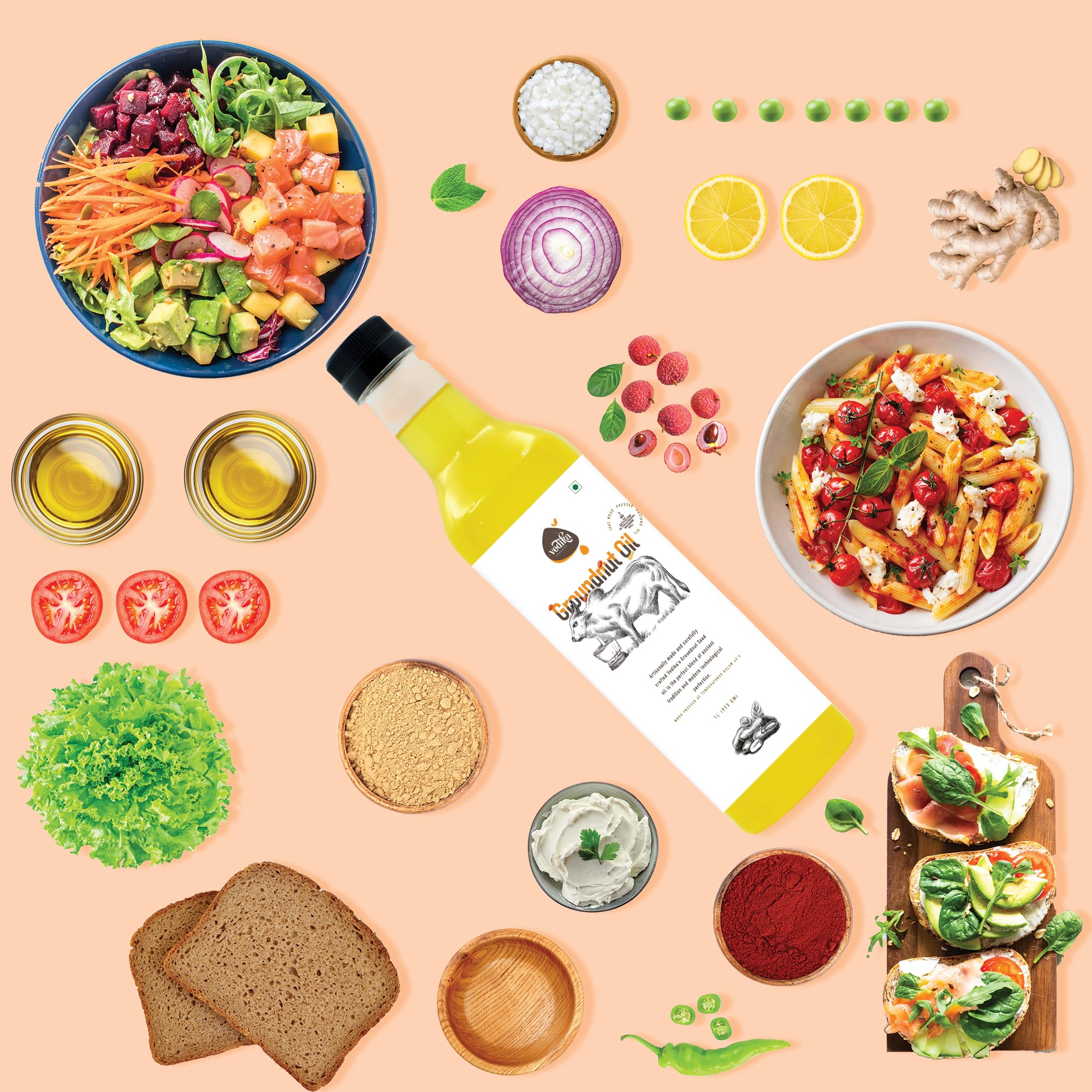 Groundnut oil for healthy cooking oil with fresh vegetables, salads, pasta and nutritious ingredients - top view flatlay