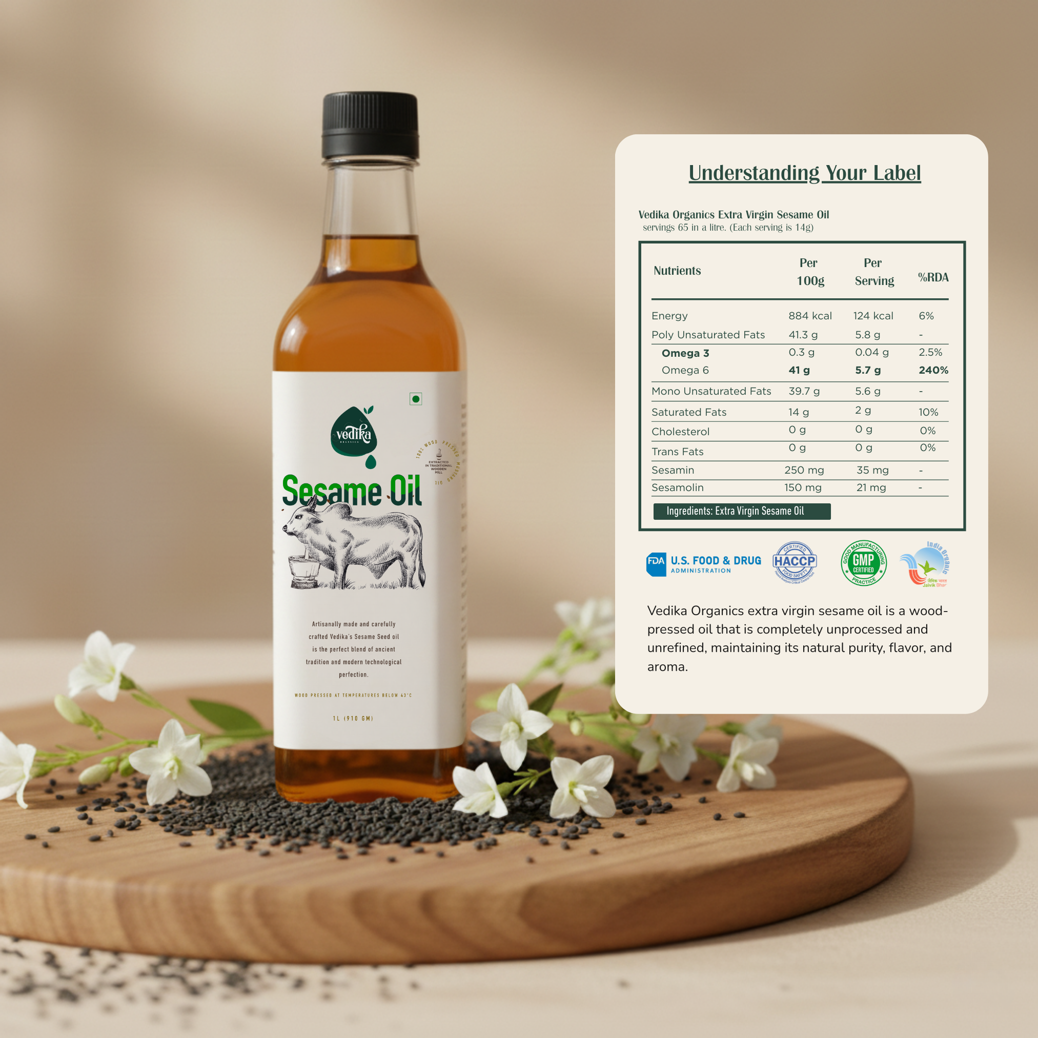 Bottle of sesame oil with label and nutritional information on a wooden board with flowers.