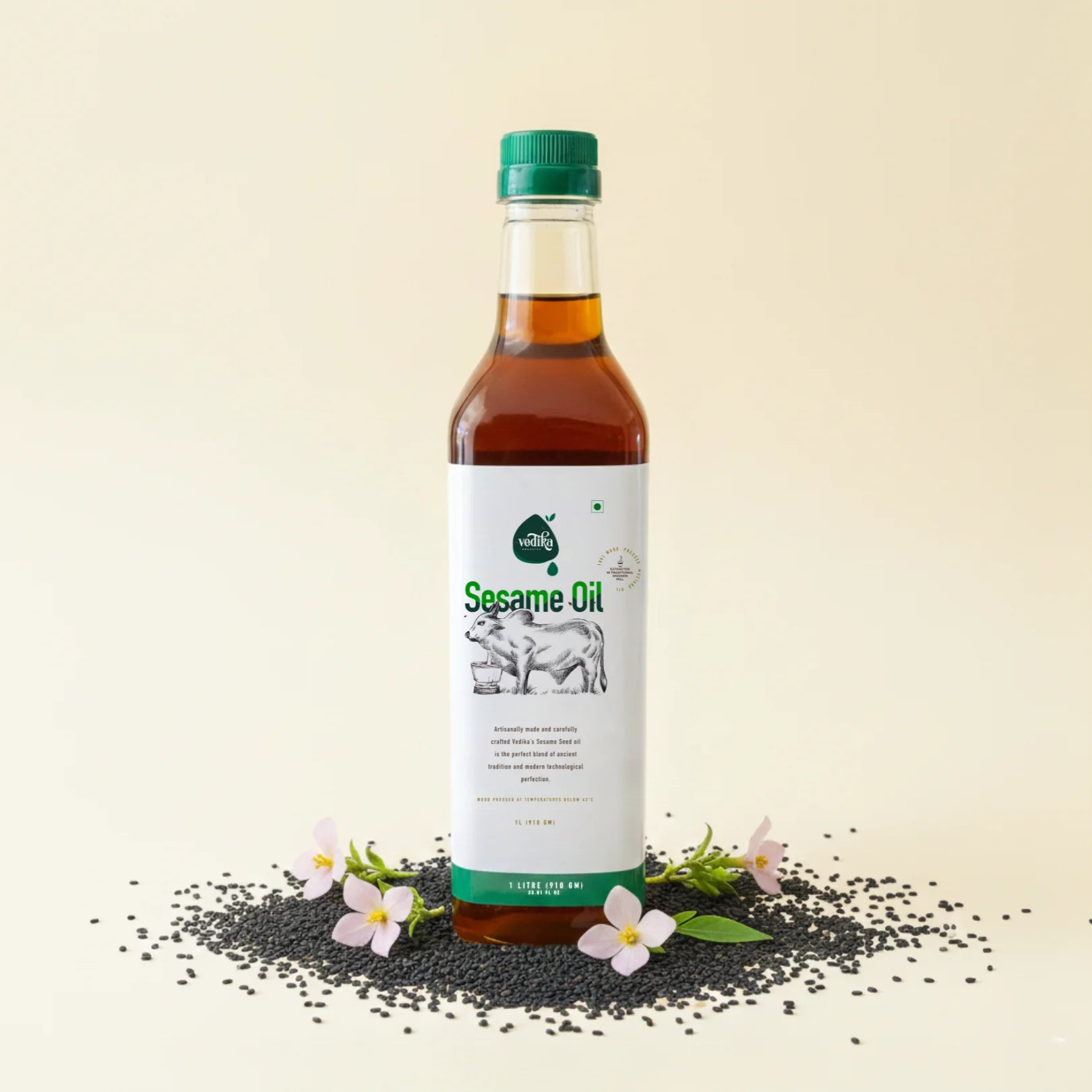 Vedika Organics Extra Virgin Sesame Oil 1 Litre wood Pressed Organic Edible Sesame Cooking Oil Bottle Healthy Ayurvedic Natural Oil for Indian Kitchen and Skin Care
