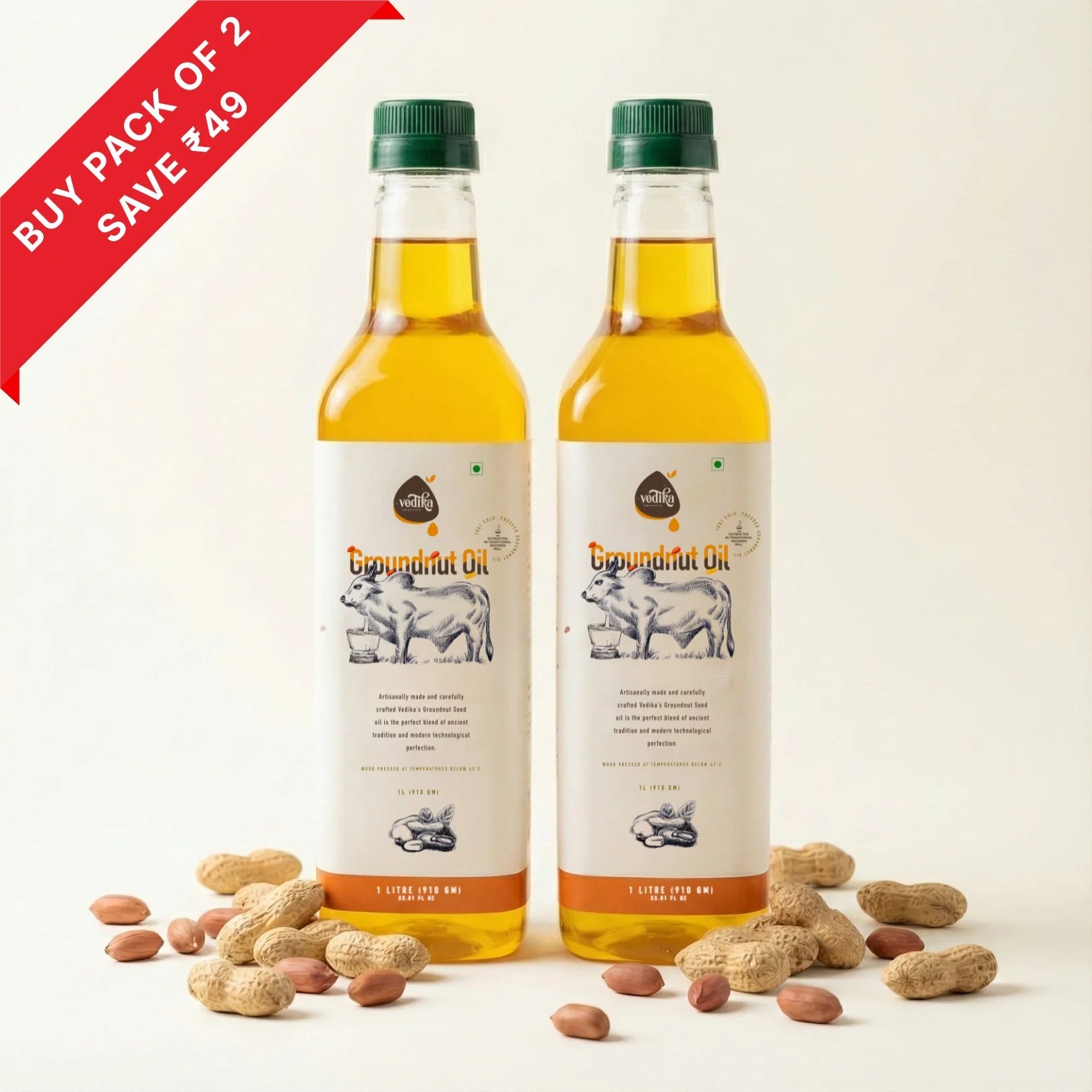 Vedika Organics extra virgin groundnut oil 1 litre pack of 2 bundle - money saving combo deal offer