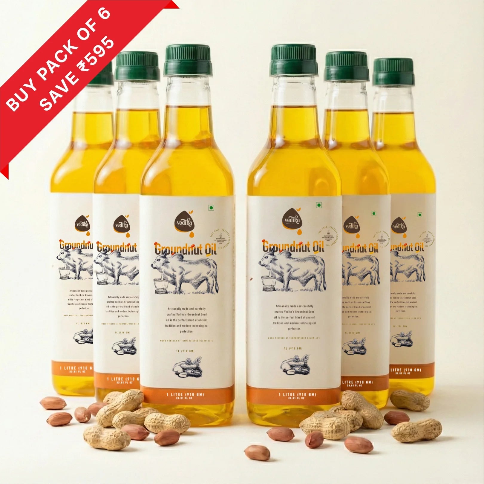 Vedika Organics extra virgin groundnut oil 1 litre pack of 6 bottles - bulk buy wholesale combo deal