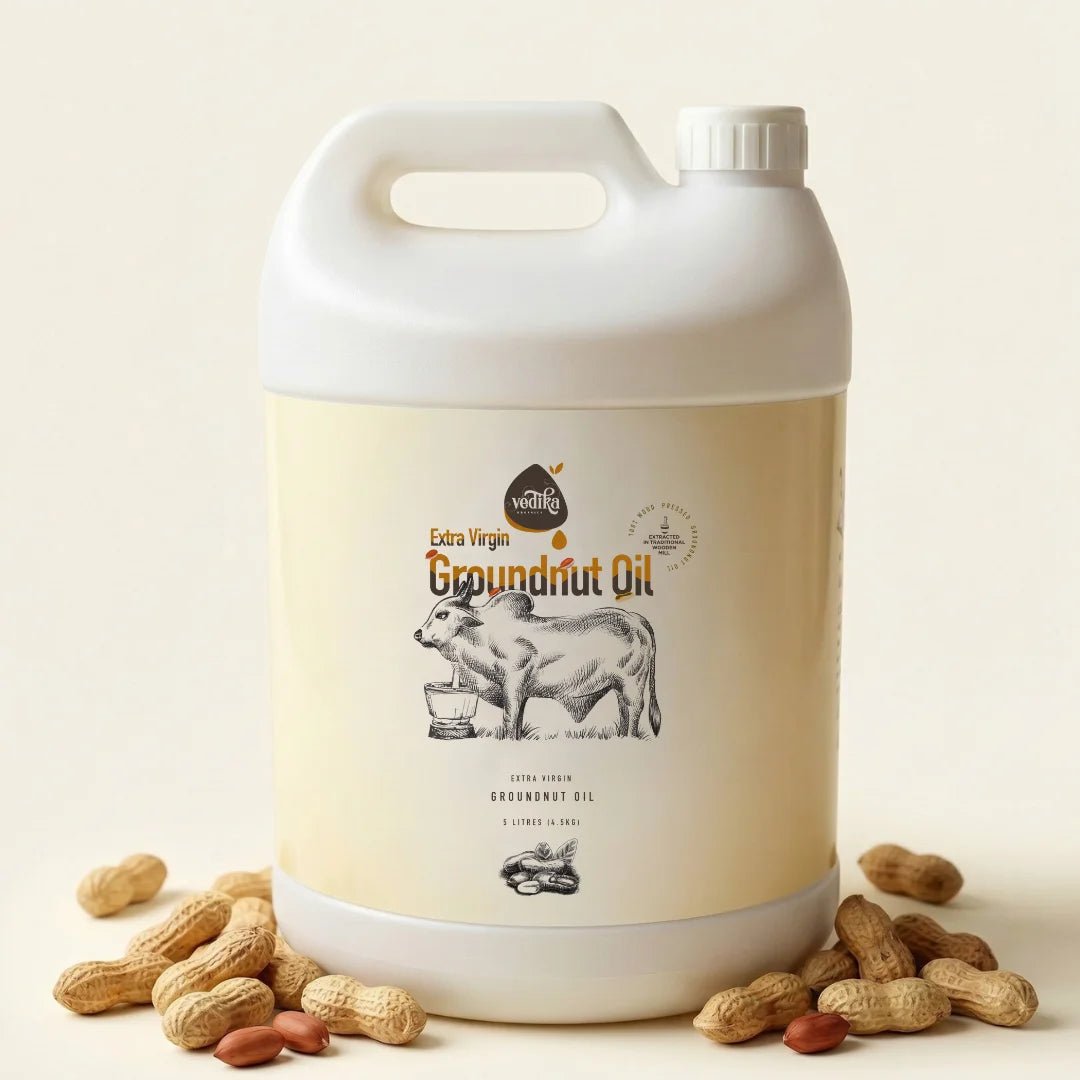 Vedika Organics extra virgin groundnut oil 5 litre jerry can - wood pressed peanut oil bulk family pack for cooking