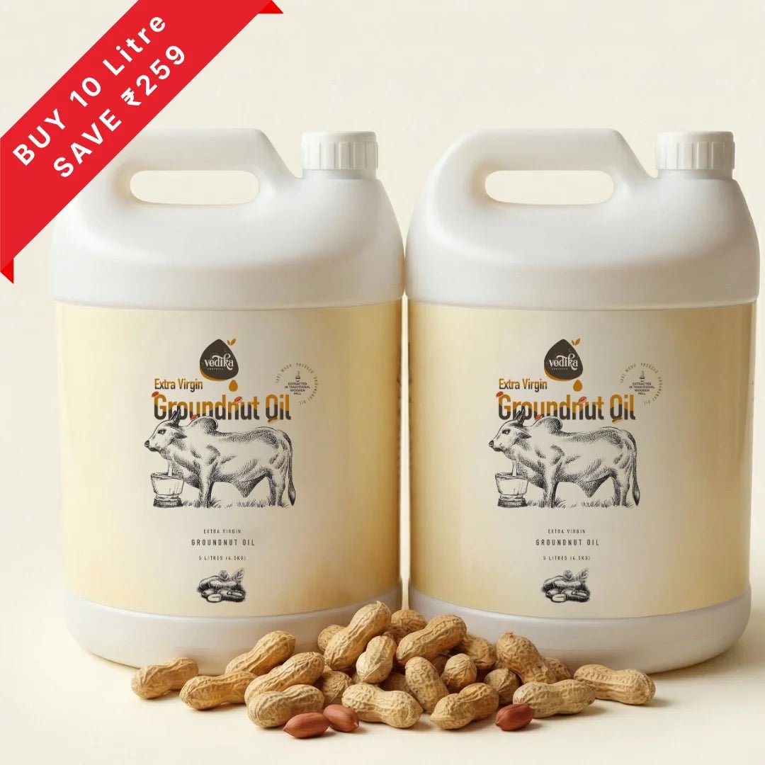 Vedika Organics extra-virgin groundnut oil 5 litre pack of 2 jerry cans - bulk wholesale combo buy 10 litre save money deal
