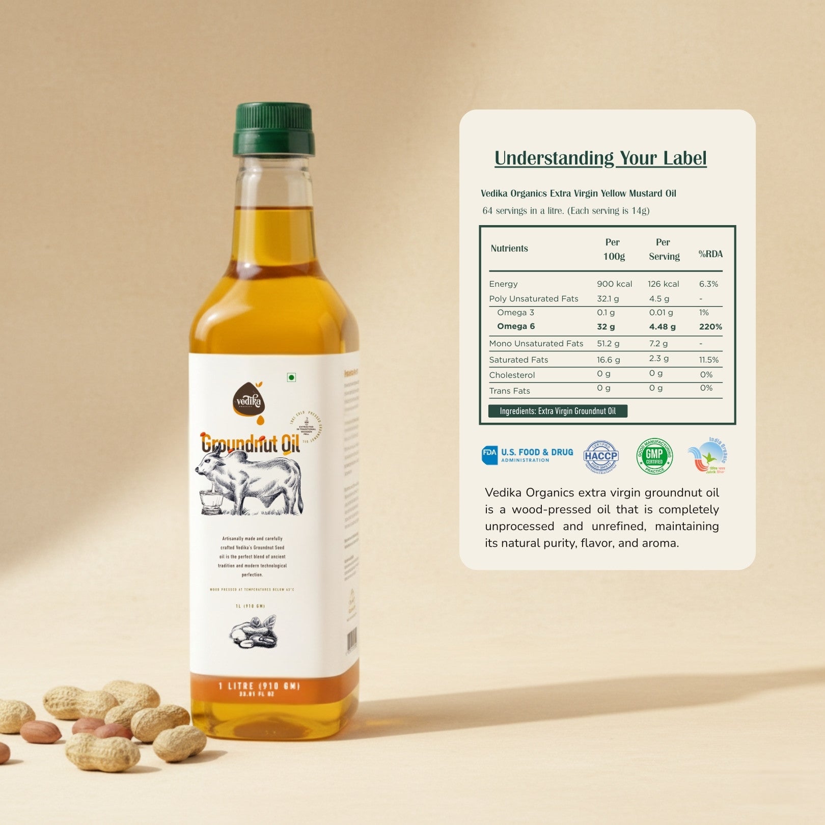Vedika Organics extra virgin groundnut oil 1 litre bottle showing detailed nutrition facts label