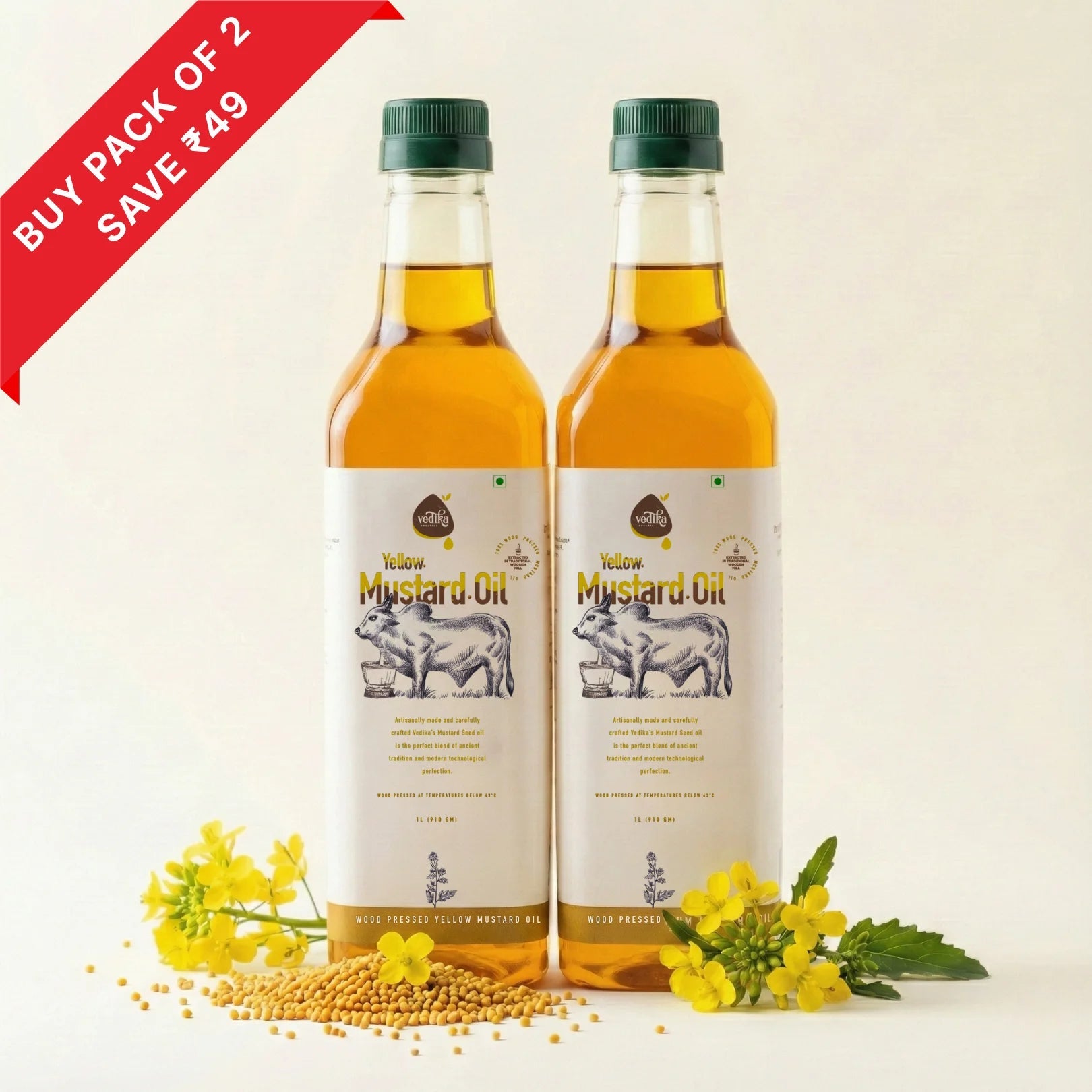 Vedika Organics extra virgin yellow mustard oil 1 litre pack of 2 bottles bundle - buy combo save money deal peeli sarson oil