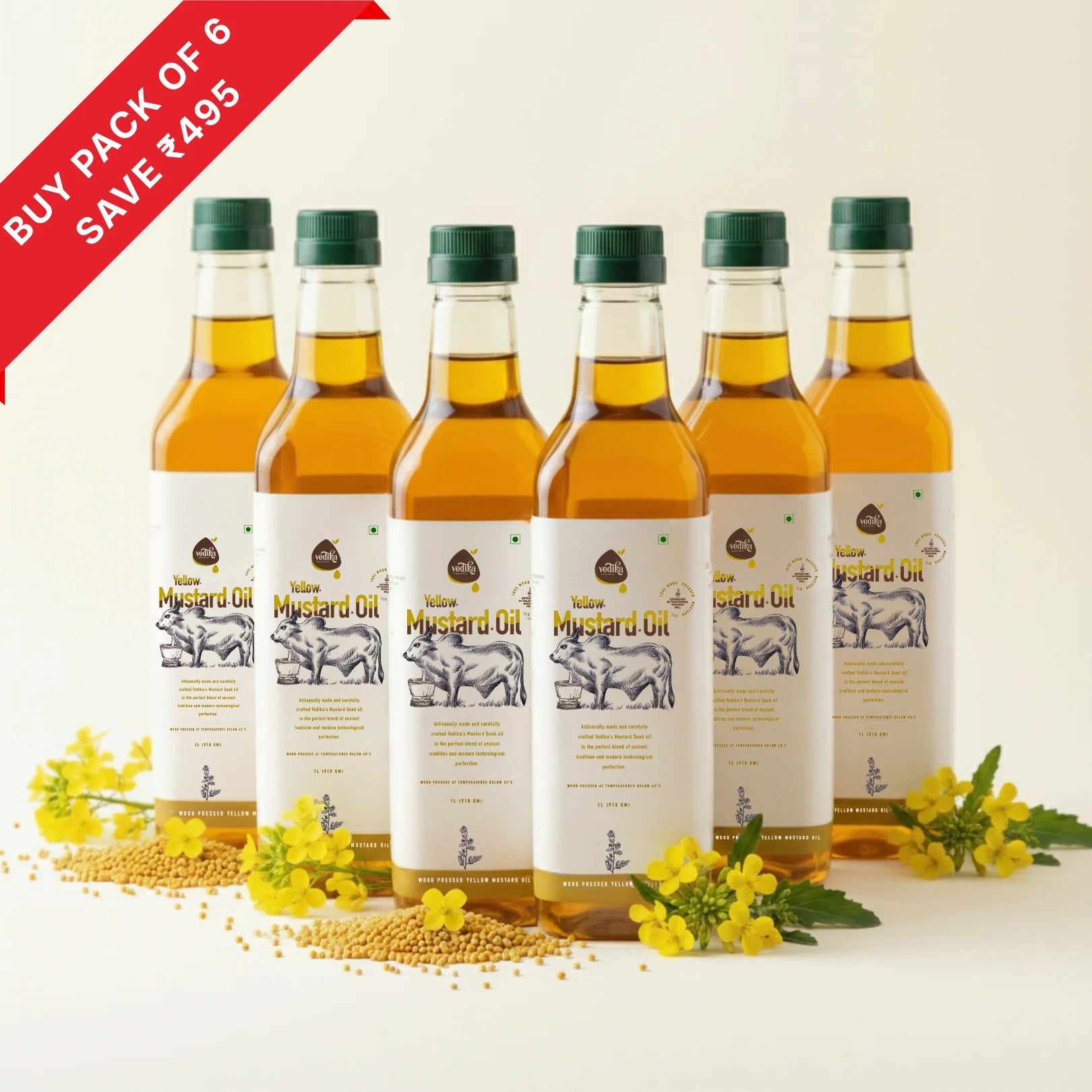 Vedika Organics extra virgin yellow mustard oil 1 litre pack of 6 bottles bundle - bulk combo save money deal peeli sarson oil