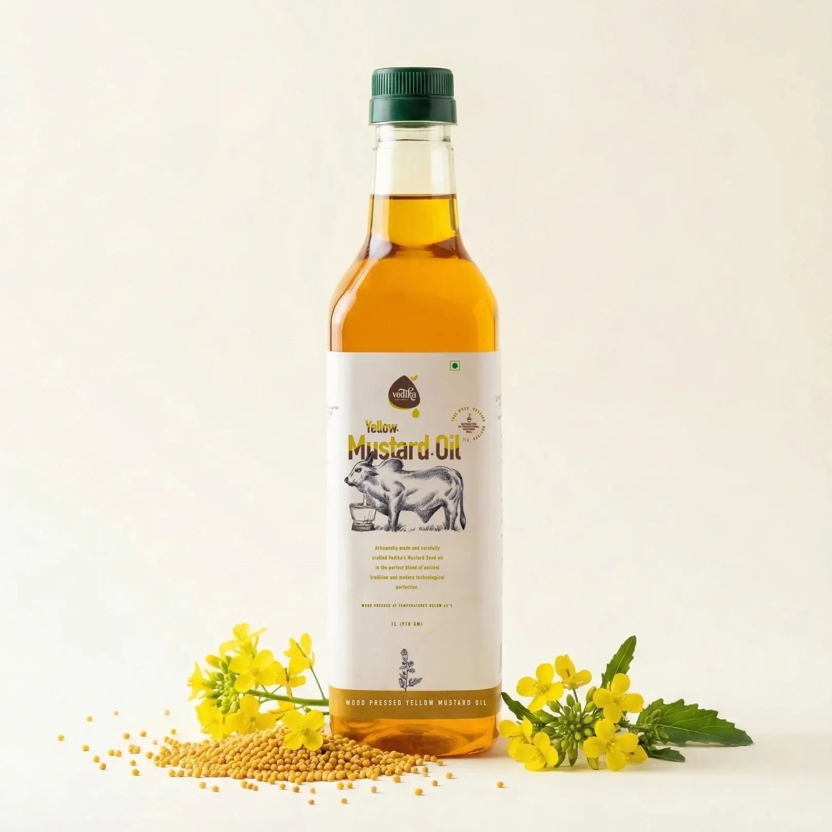 Vedika Organics extra virgin yellow mustard oil 1 litre bottle with mustard flowers - kachi ghani peeli sarson ka tel