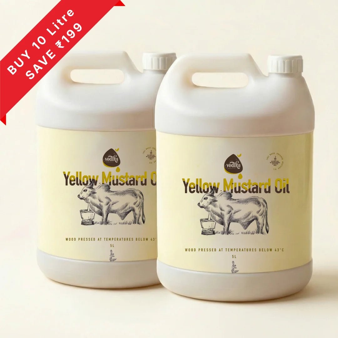 Vedika Organics extra virgin yellow mustard oil 5 litre pack of 2 jerry cans bundle - bulk wholesale combo buy 10 litre save money deal