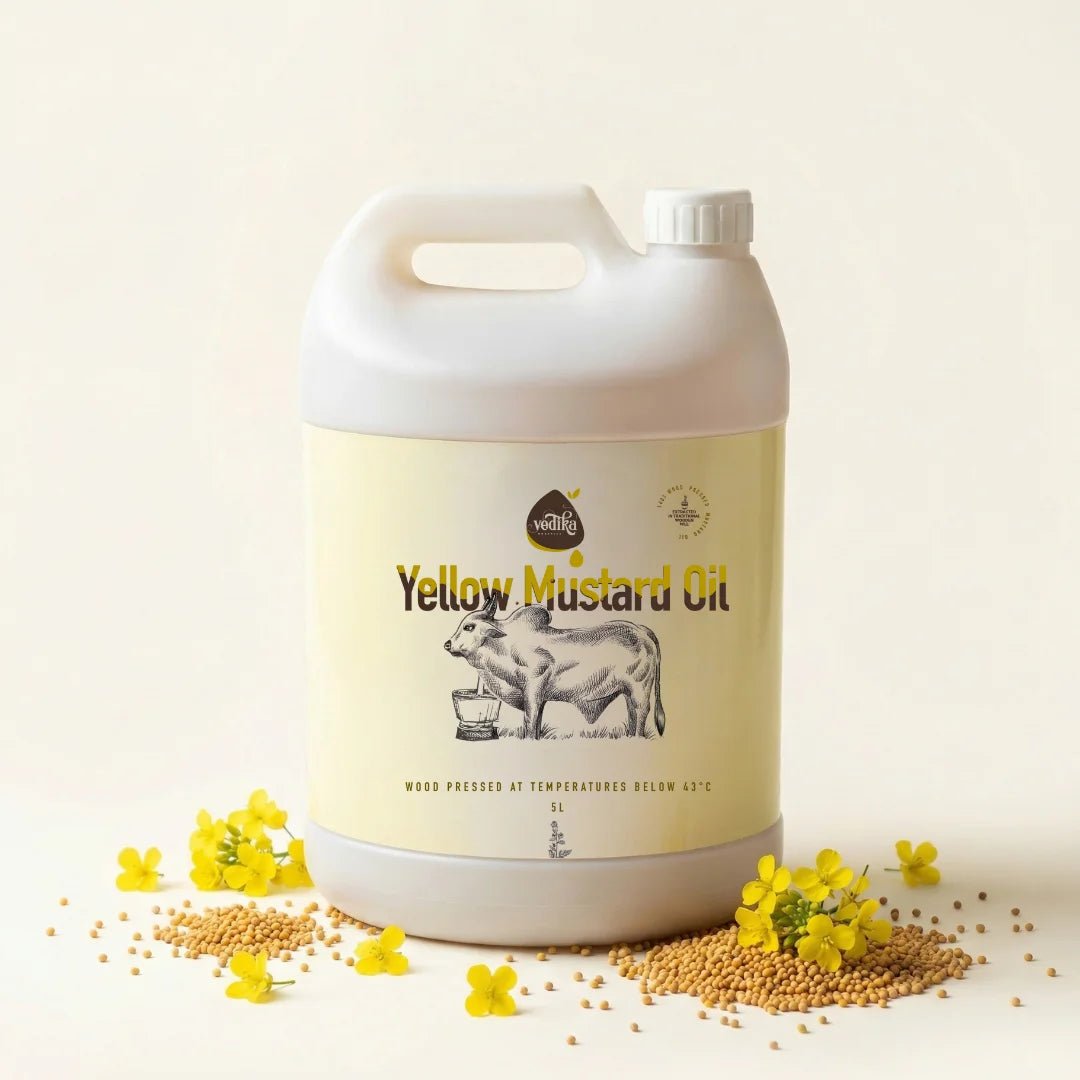 Vedika Organics extra virgin yellow mustard oil 1 litre jerry can with mustard flowers - kachi ghani peeli sarson oil