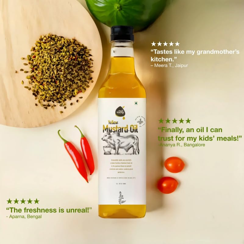 Vedika organics yellow mustard oil with 5 star customer reviews and testimonials - trusted pure sarson oil for cooking India