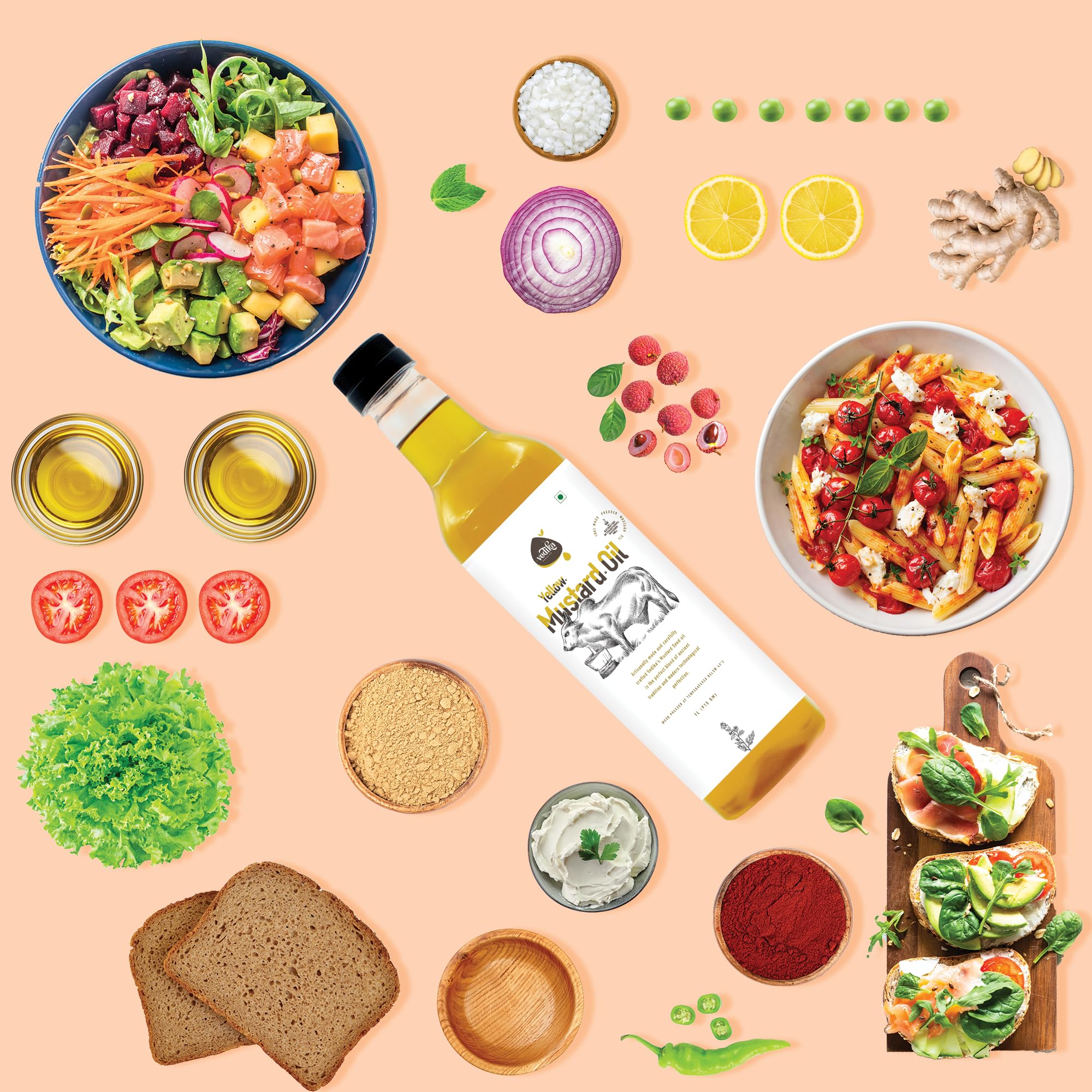 Vedika Organics extra virgin yellow mustard oil for healthy cooking oil with fresh vegetables salads pasta ingredients top view flatlay