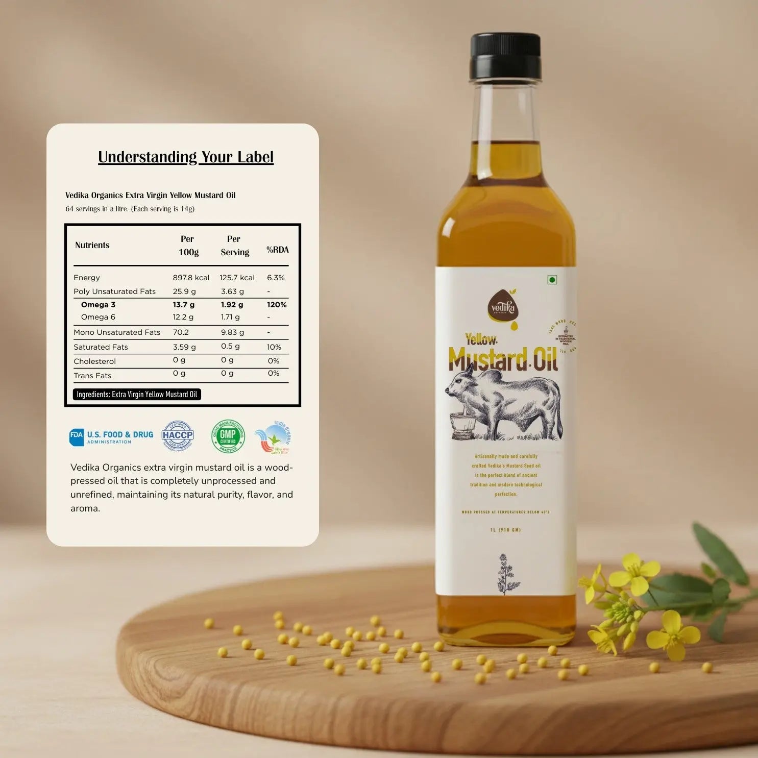 Vedika Organics yellow mustard oil 1 litre with nutrition facts label - kachi ghani peeli sarson oil omega 3 rich cold pressed
