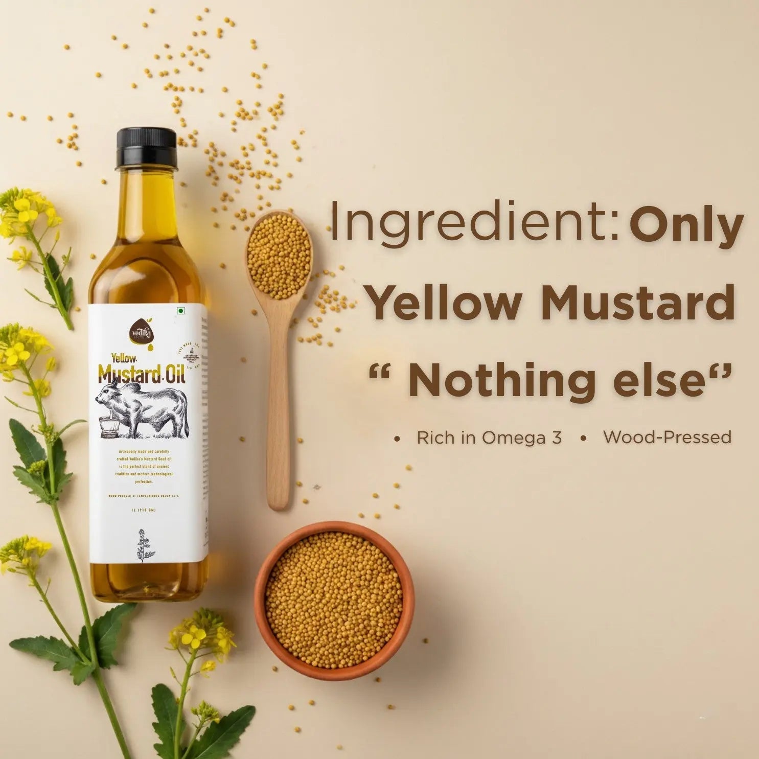 Yellow mustard oil made from 100% pure mustard seeds - omega 3 rich wood pressed kachi ghani Peeli sarson oil bottle