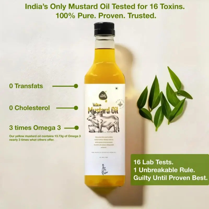 Vedika Organics yellow mustard oil tested for 16 toxins - 100% pure zero transfats zero cholesterol 3x omega 3 certified sarson oil